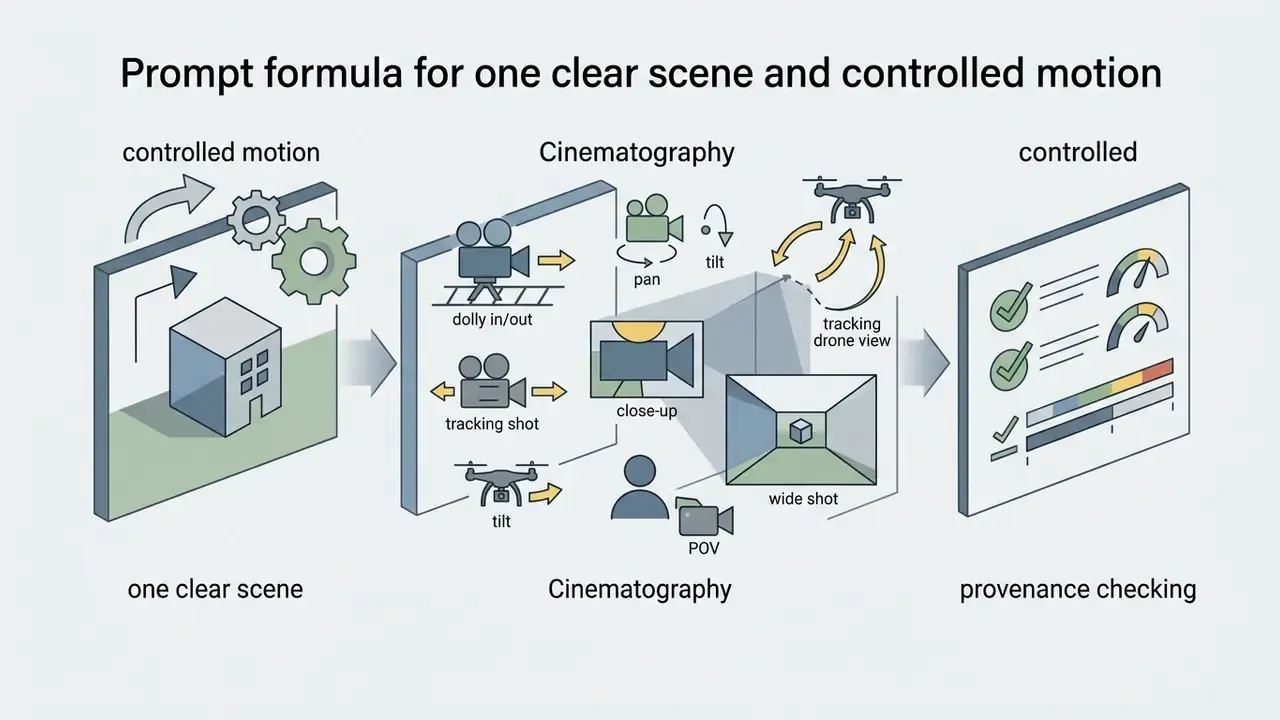 Visual guide showing camera techniques like panning and tracking to control motion in Google Veo prompts