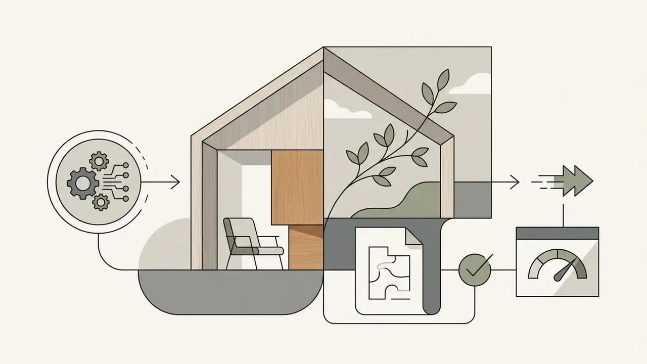 Technical graphic showing digital processing of interior space designs into rendered architectural outputs
