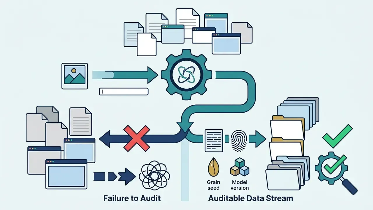 Data flow showing how an AI image generator produces either unverified output or an auditable data stream