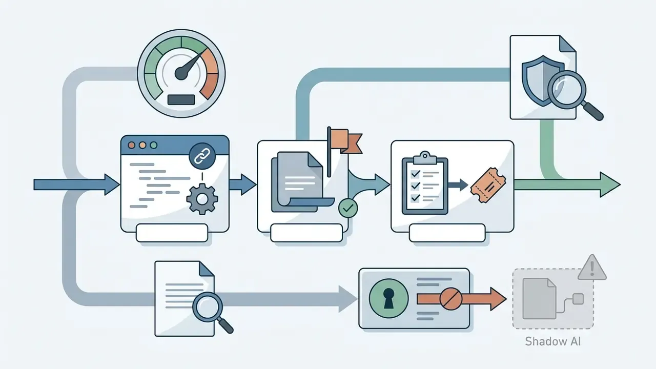 System linking code commits to documentation and tracking tickets while monitoring for Shadow AI usage