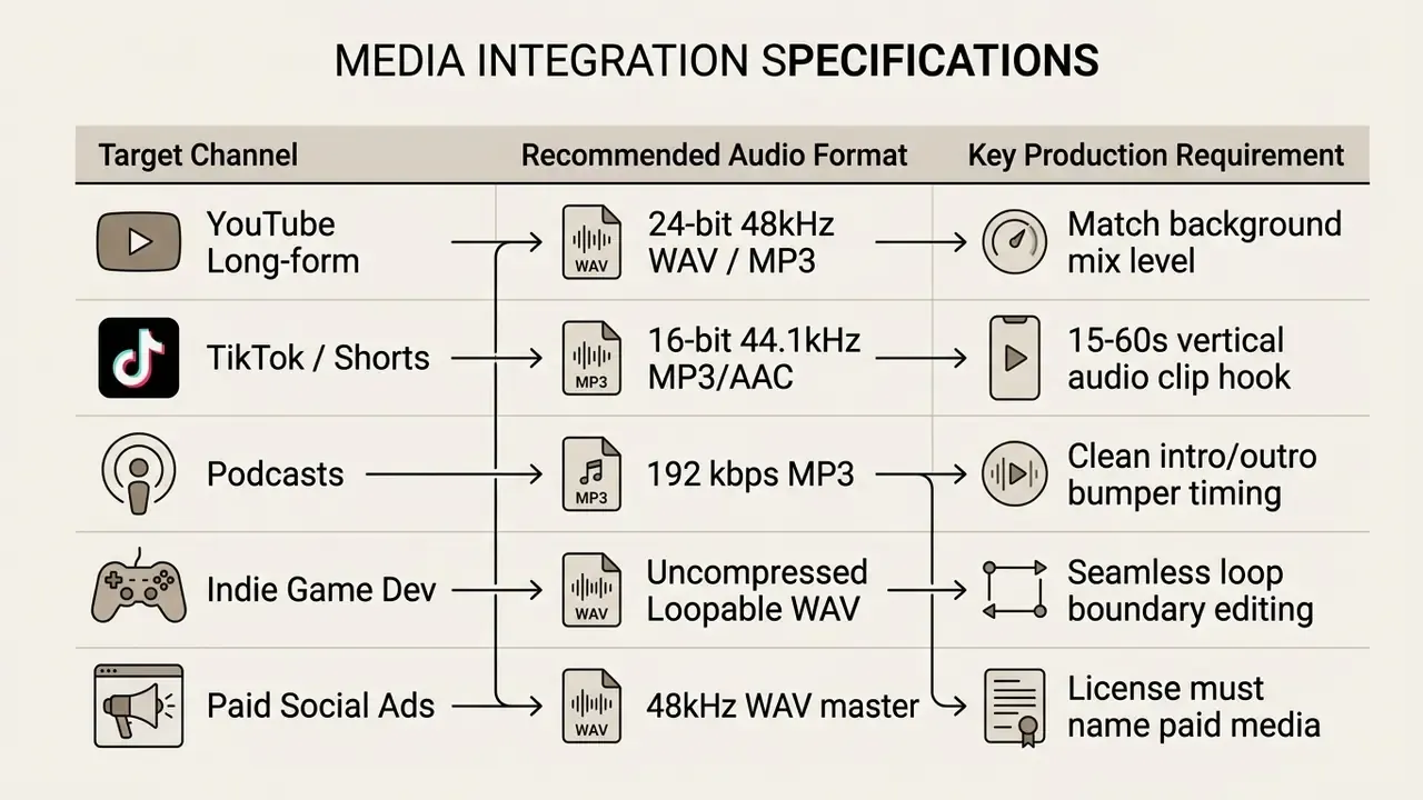 List mapping media channels to recommended audio formats and specific production requirements