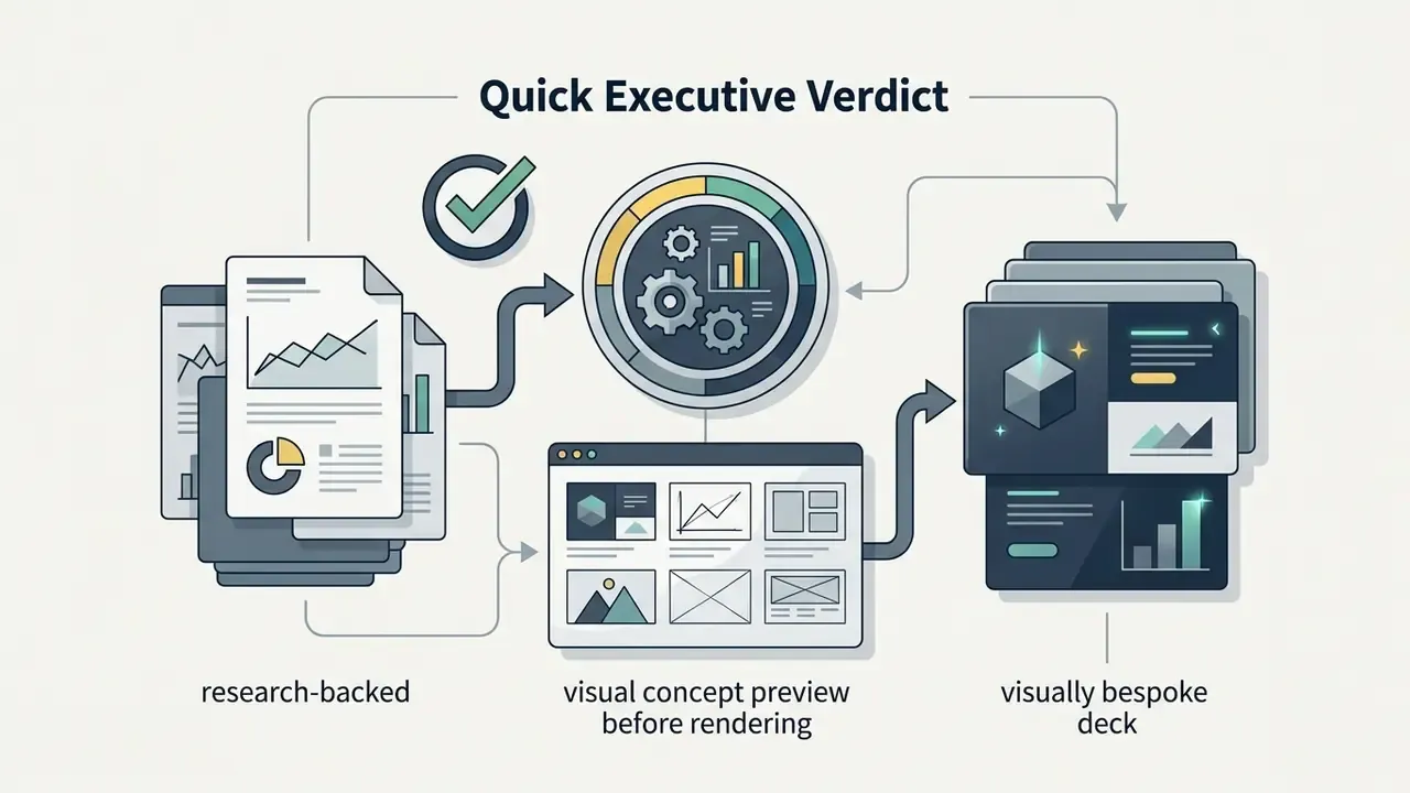Research documents being processed through an AI engine into visual previews and final presentation decks