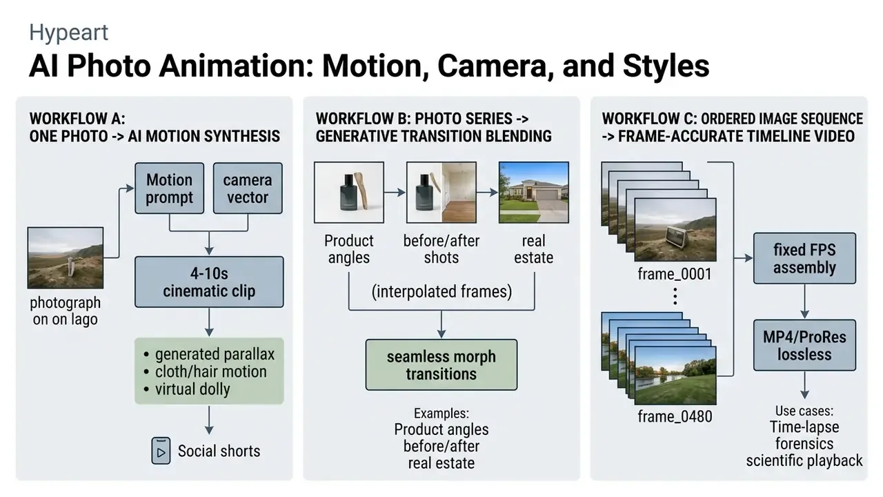 Three distinct process diagrams outlining methods for generating cinematic clips and frame sequences