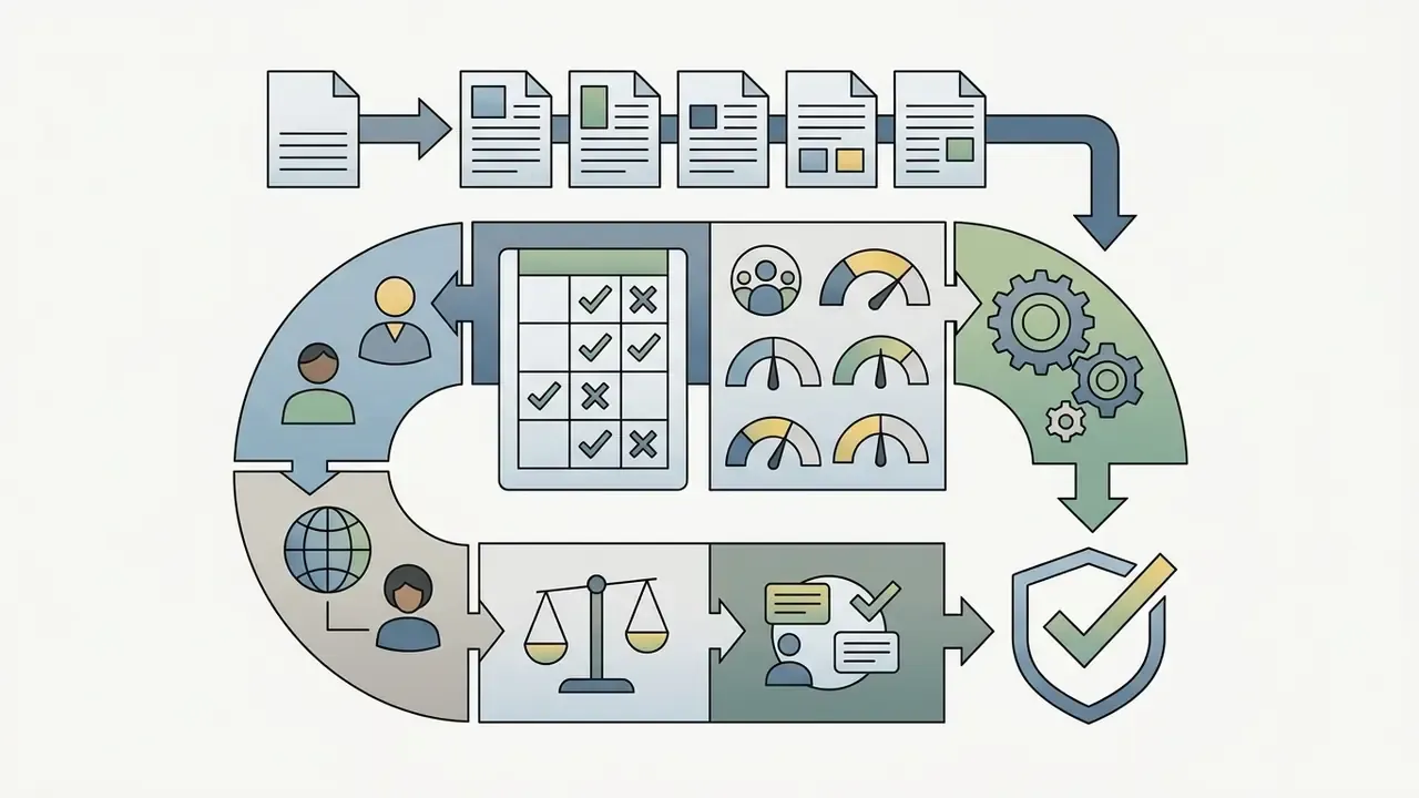 Process map showing document review, demographic data analysis, bias evaluation, and compliance validation