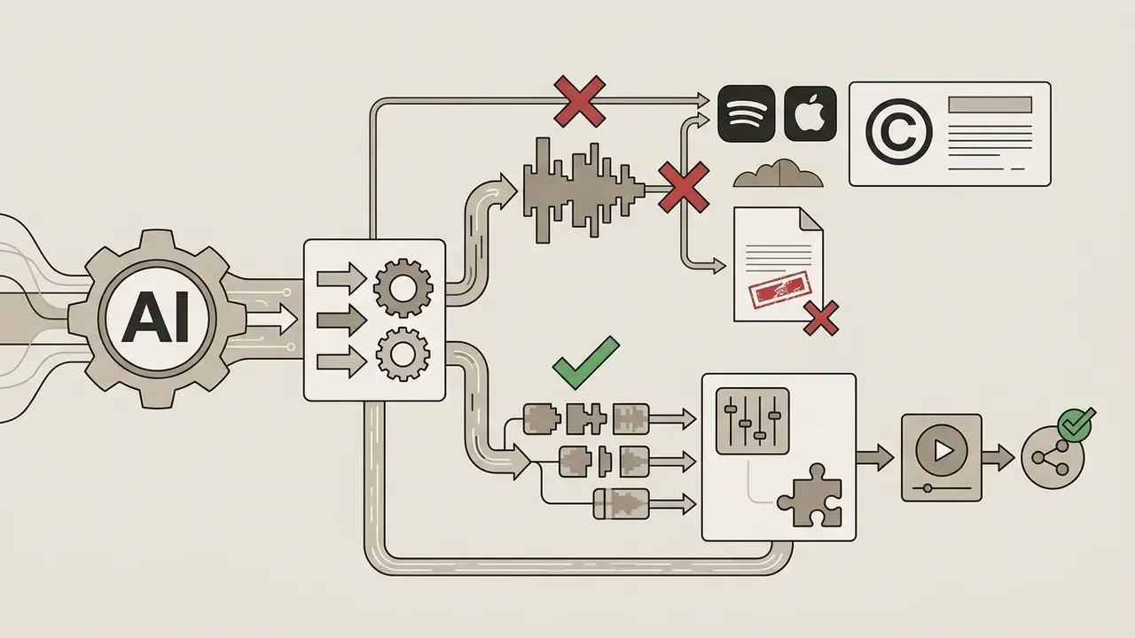 Visual guide showing restricted direct distribution of AI tracks versus allowed use of stems in production