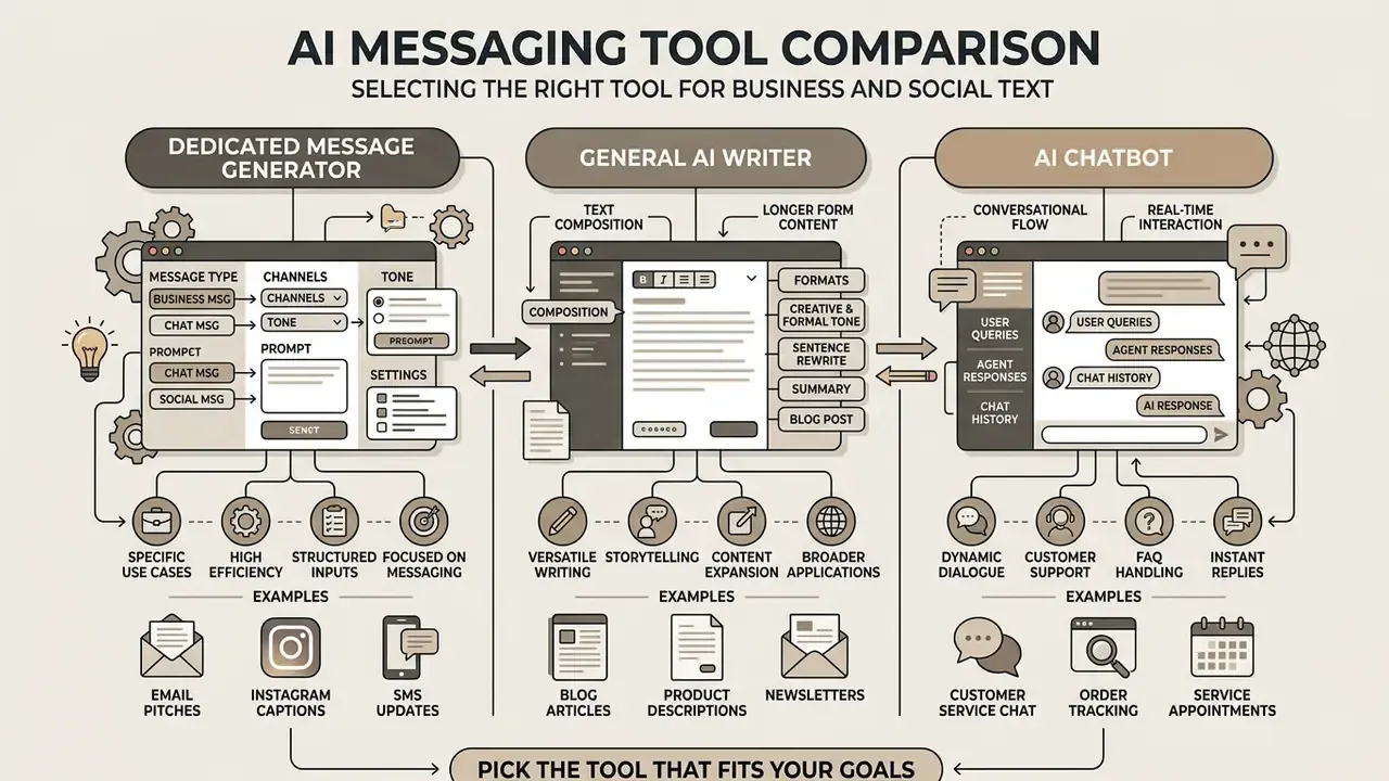 Matrix comparing features and use cases for dedicated message generators, general AI writers, and chatbots