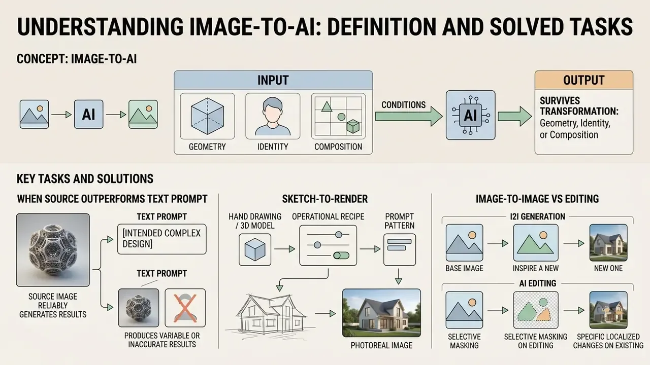 Infographic explaining how image to AI models preserve geometry, identity, and composition in generation