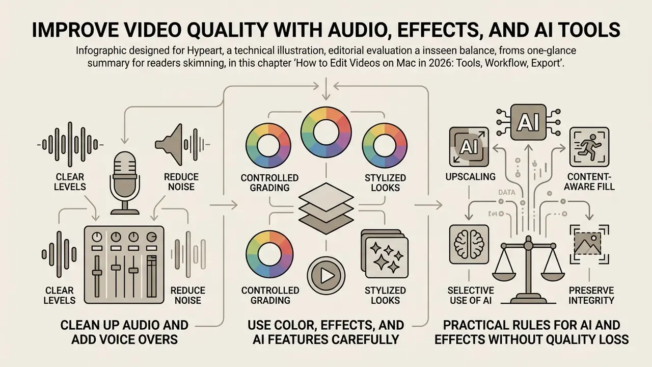 Flowchart showing audio cleanup, color grading, and balanced AI tool usage to edit videos on Mac
