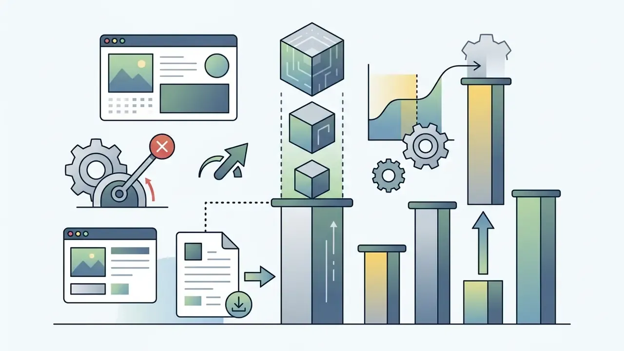 Graphical representation of file processing limits with browser windows, cubes, and rising bar charts