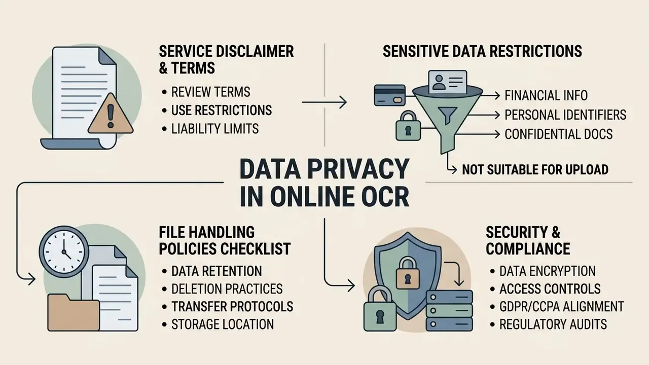 Infographic outlining data privacy considerations for online OCR including file handling and security