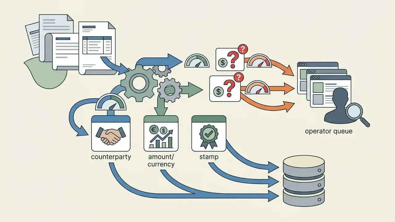 Documents flowing through gears to extract data fields and route low-confidence items to human review