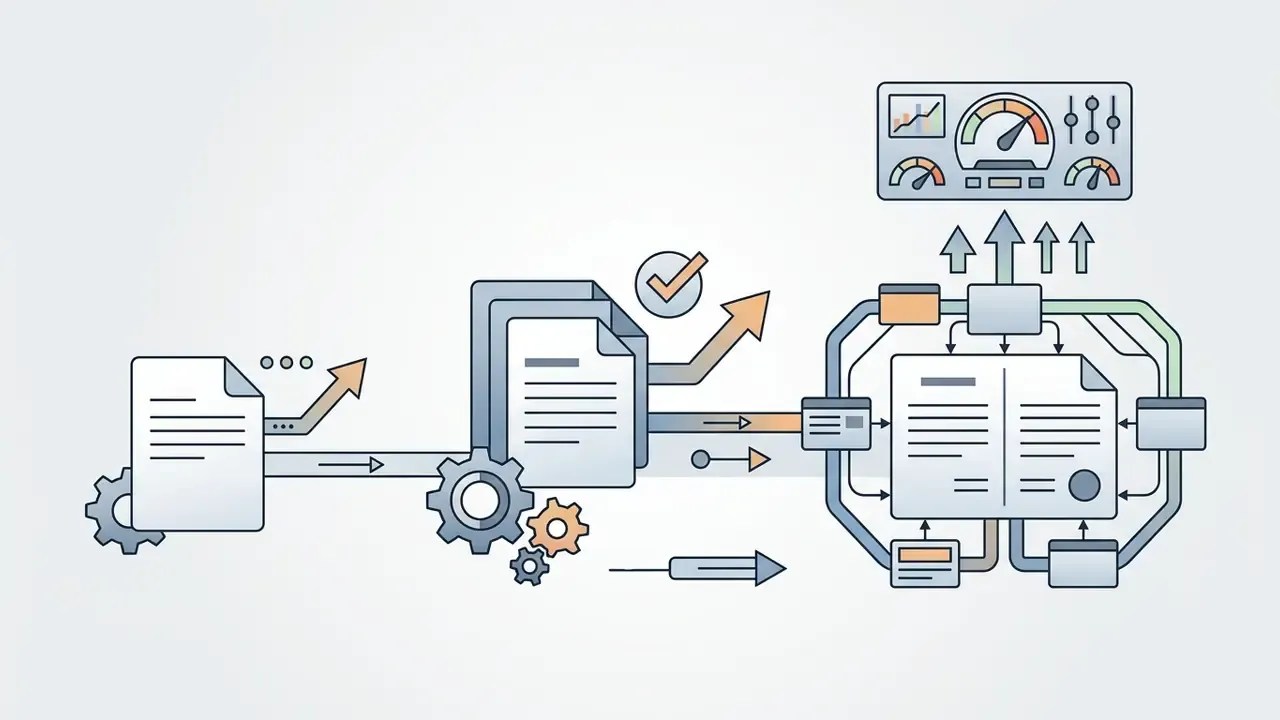 Pages moving through gears and processing modules to reach a dashboard with performance gauges