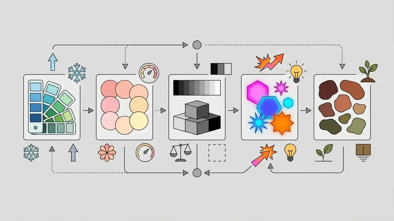 Sequence of panels showing color palettes, geometric shapes, and symbols connected by directional arrows