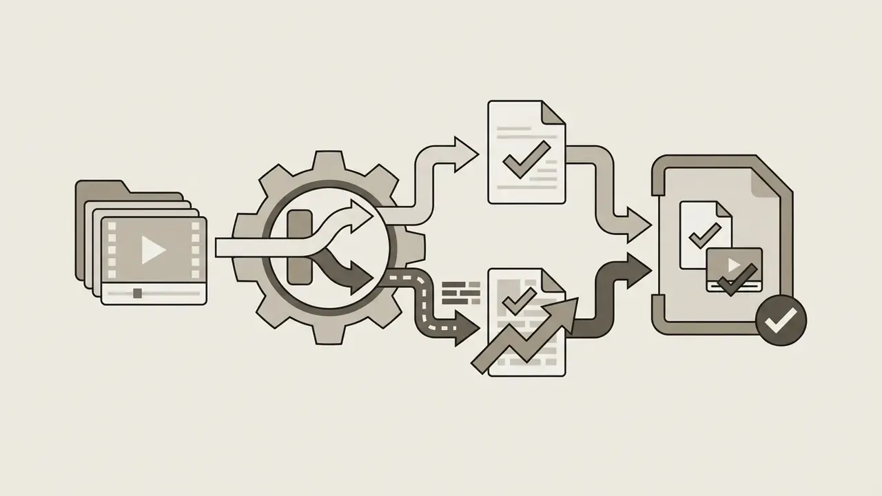 Video files passing through a gear mechanism to be processed into documents and a final exported file