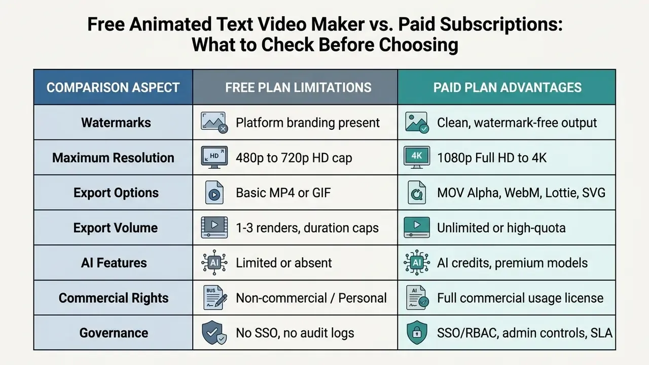Table contrasting free plan limitations against paid subscription benefits across key service categories