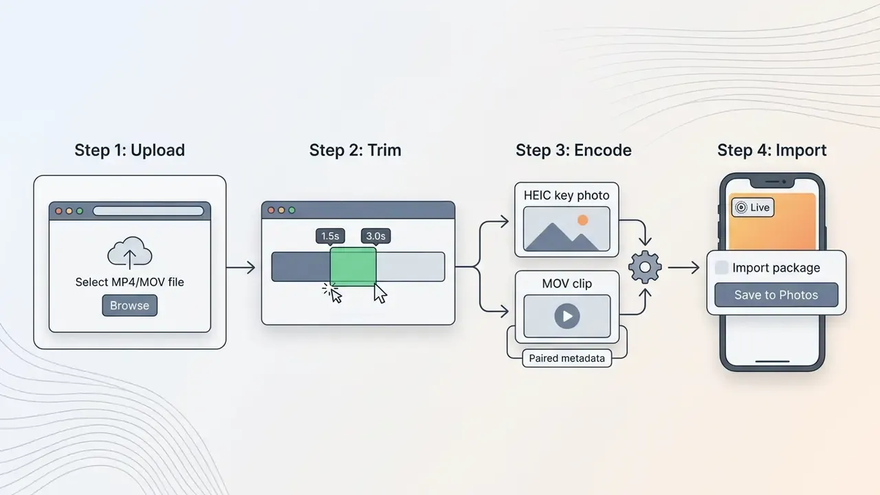 Four step workflow showing how to upload, trim, encode, and import a video file to create a Live Photo