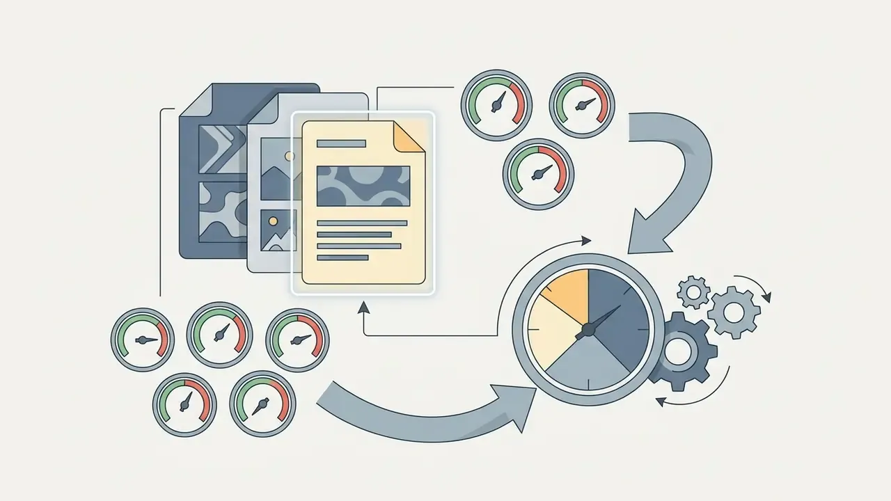 Files moving through gears and speedometer gauges to represent a data processing workflow