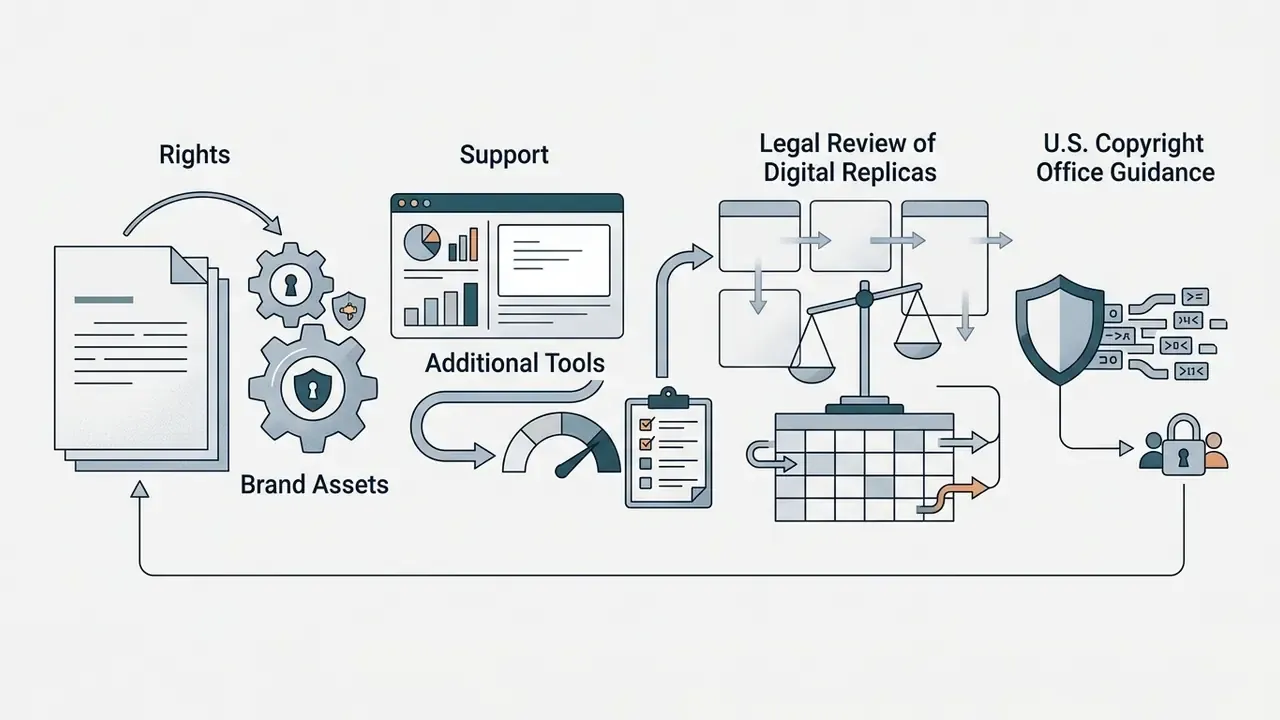 Legal documents and gear icons connecting to support interfaces and a scale representing copyright review