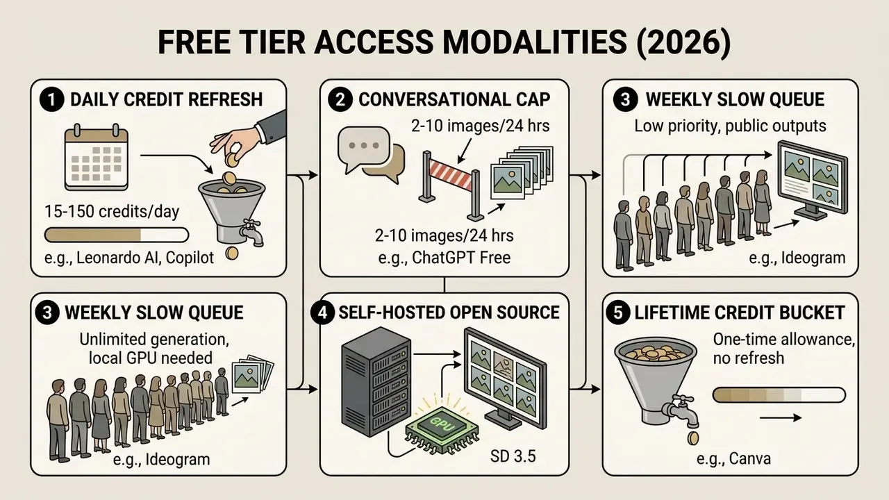 Infographic showing five different access models for a free AI image generator in 2026