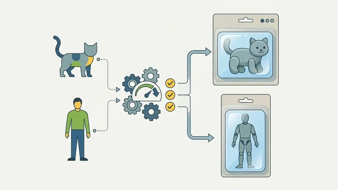 Cat and person icons passing through a central gear processor to become plastic blister-pack collectibles