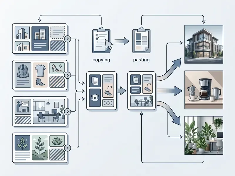 Diagram showing how visual assets are selected and processed to generate final commercial images