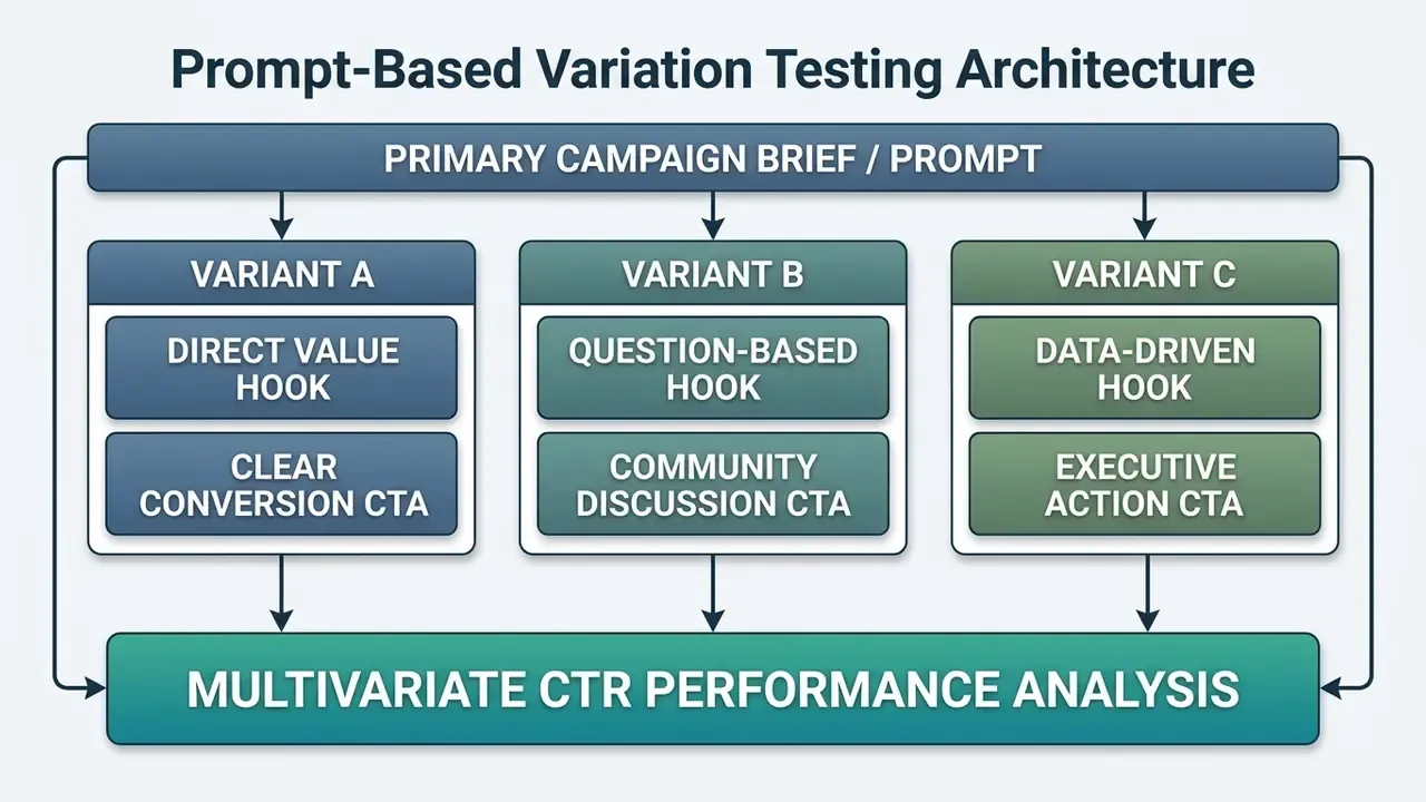 Diagram showing a campaign prompt branching into three content variants for performance analysis