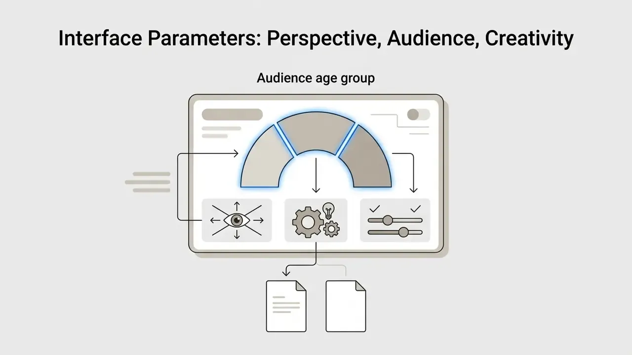 Control panel with an arched gauge, eye icon, gears, and sliders feeding into document icons