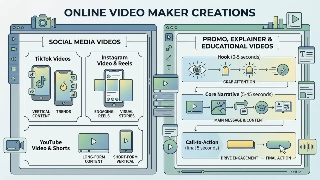 Diagram showing social media and promotional video structures for an online video maker