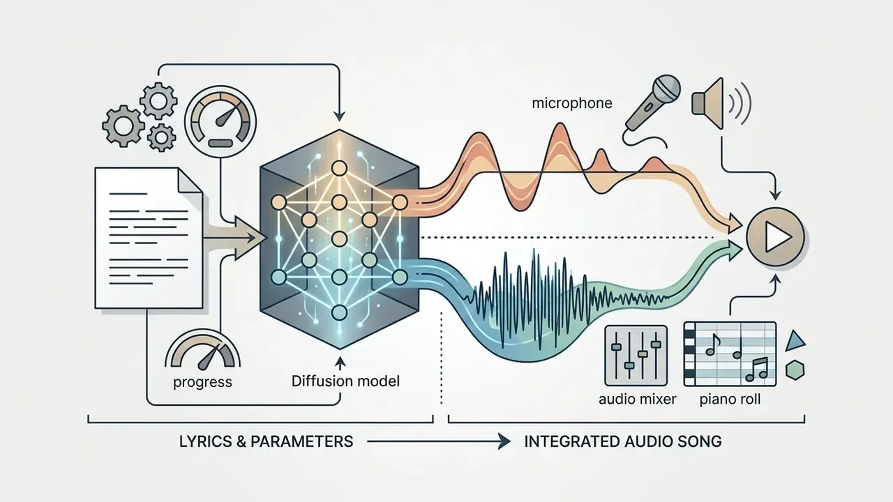 Diffusion model processing text and parameters into vocal and instrumental audio waveforms for playback