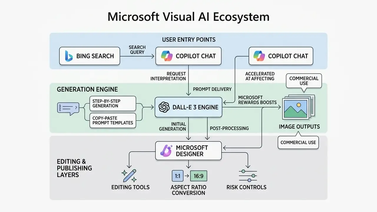 Diagram mapping user inputs through the DALL-E 3 engine to Microsoft Designer editing and output stages