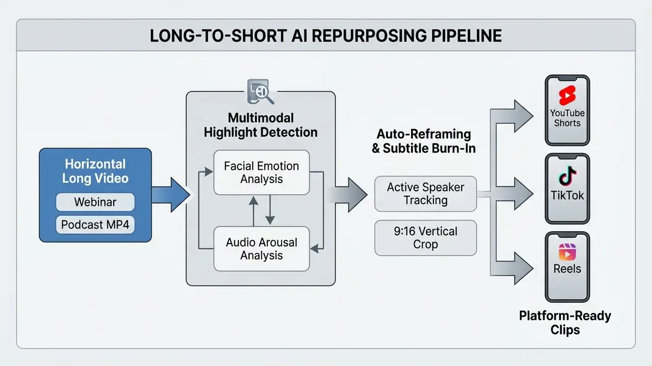 Flowchart showing long-form video content being analyzed and cropped into vertical clips for social media