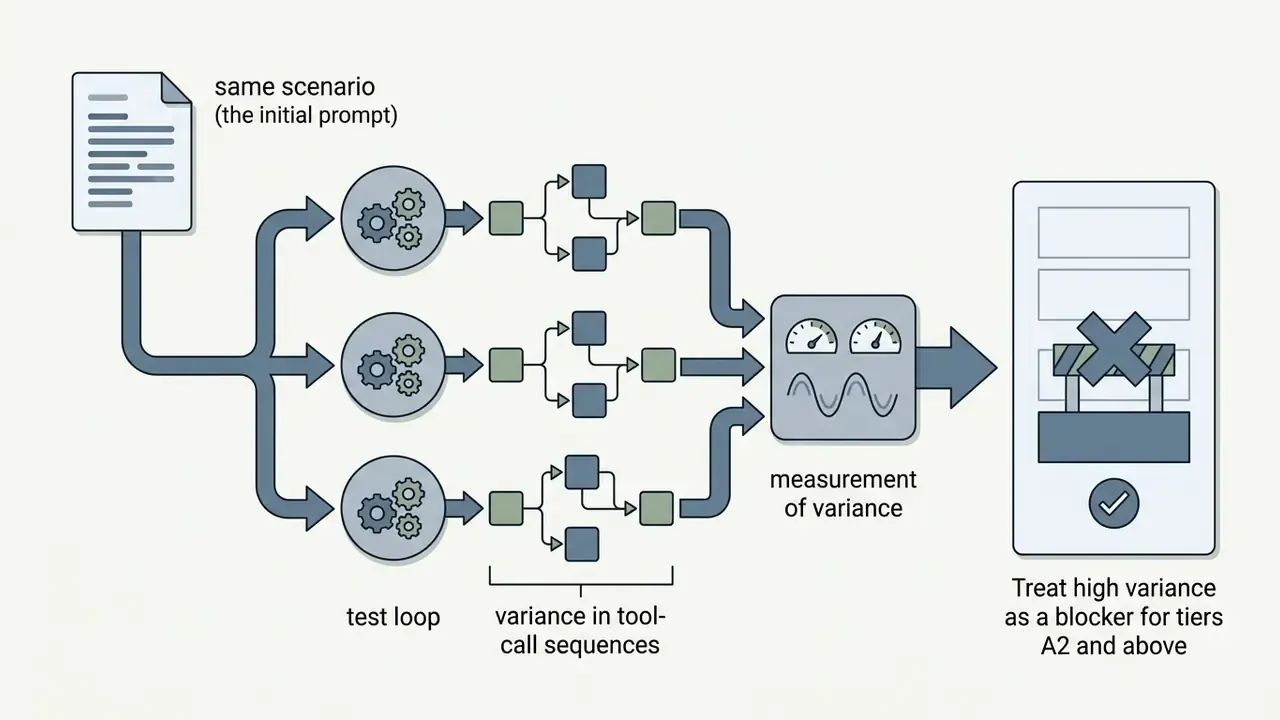 Process showing a prompt splitting into test loops to measure variance and block high-risk AI outcomes