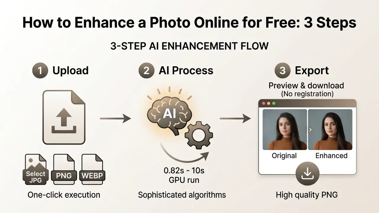 Three-step workflow showing how to use an AI image enhancer free to upload, process, and download photos