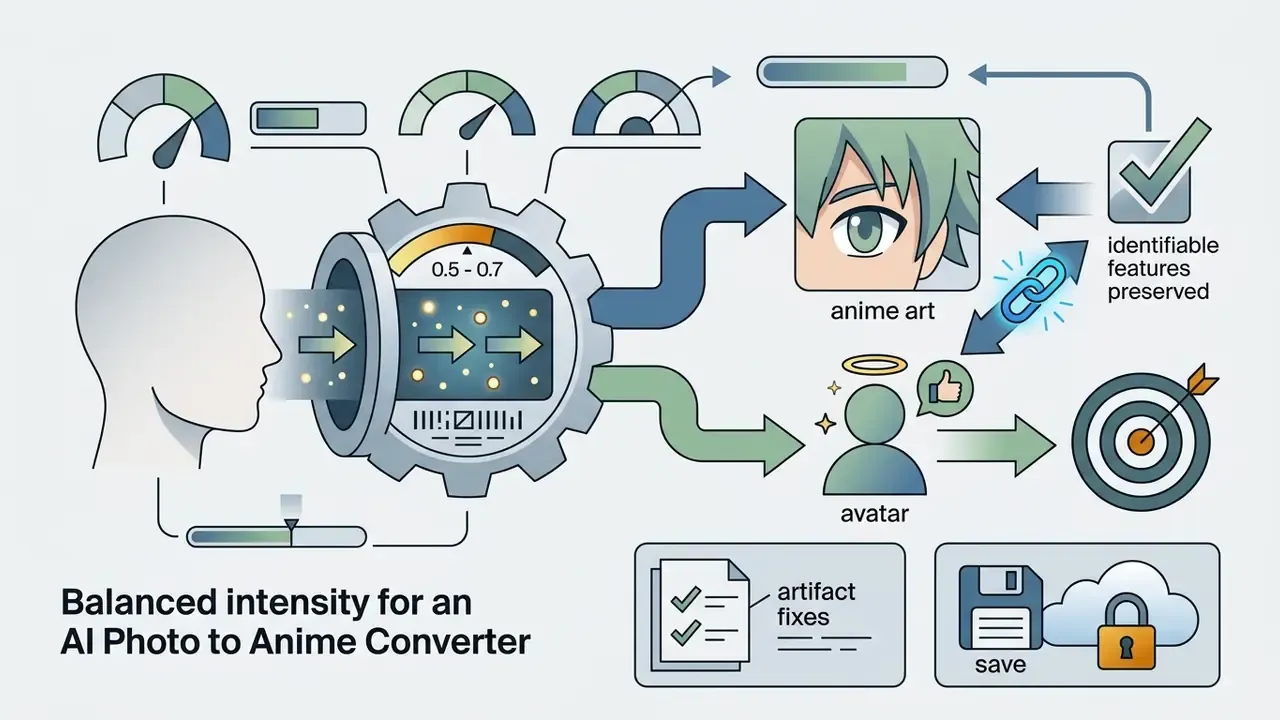 Process flow showing an AI photo to anime converter using balanced intensity to create stylized avatars