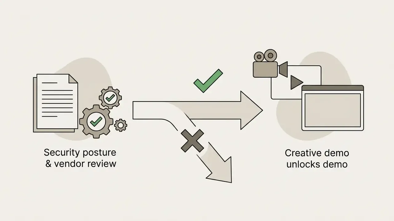 Decision path showing security review leading to a creative demo or a blocked process