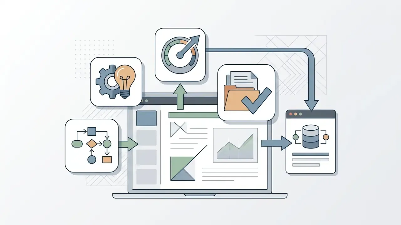Laptop screen surrounded by icons representing data processing, workflow optimization, and file storage