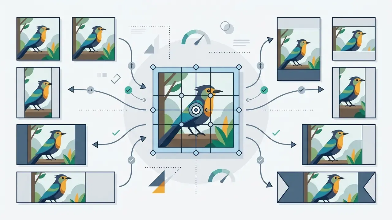 Central bird image with a nine-point grid overlay connected by arrows to various cropped frame variations