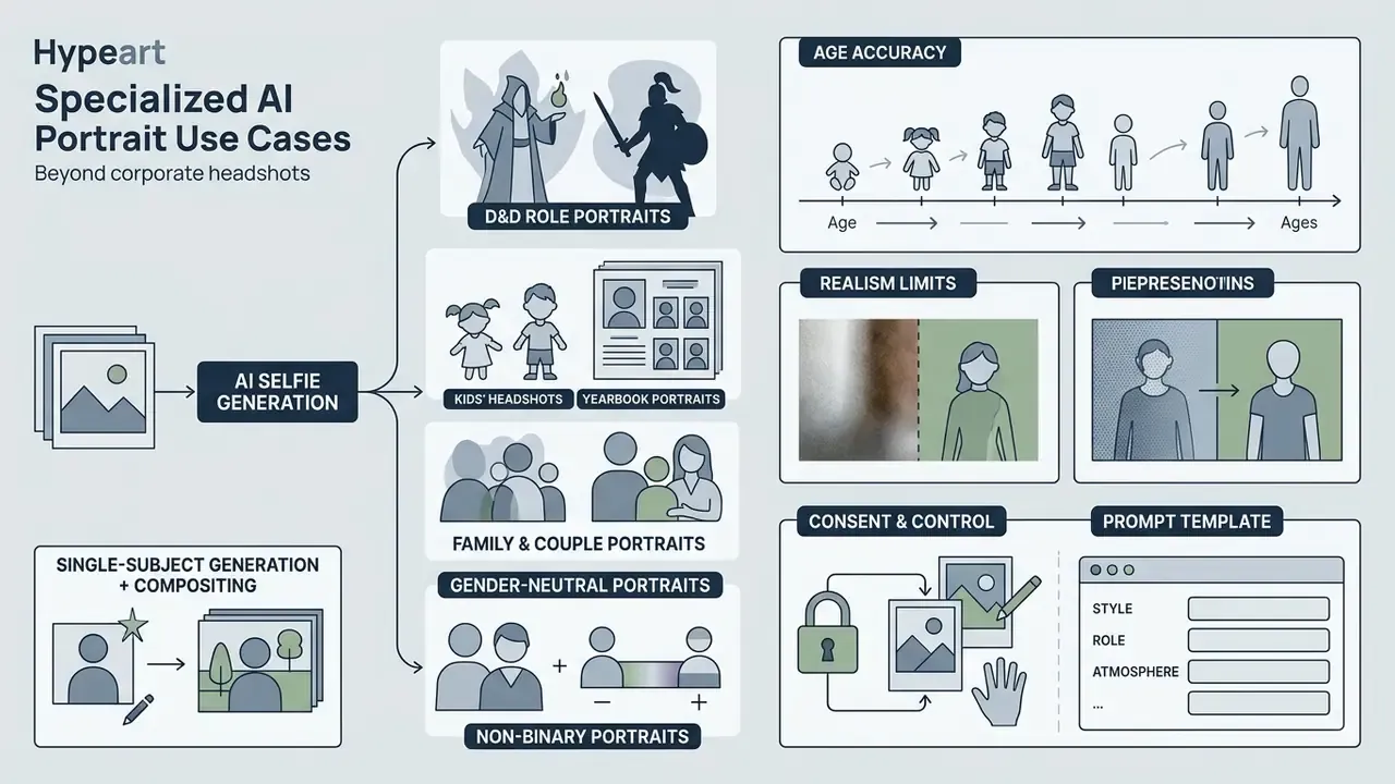 Diagram mapping diverse AI portrait applications including D&D characters, family photos, and age progression