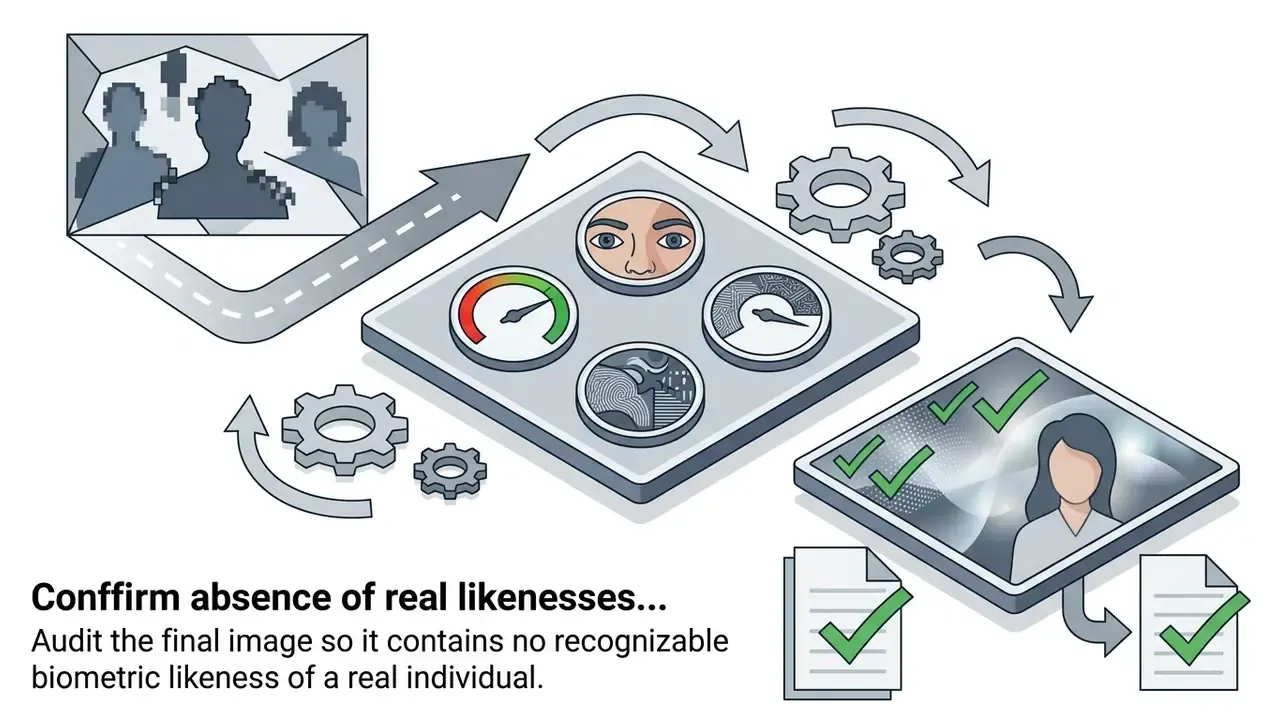 Pixelated portraits moving through a gauge console and gears to become a verified image with checkmarks