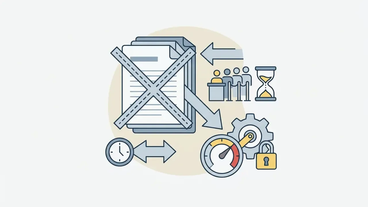Stack of documents crossed out with arrows pointing to a queue of people, an hourglass, and a locked gauge