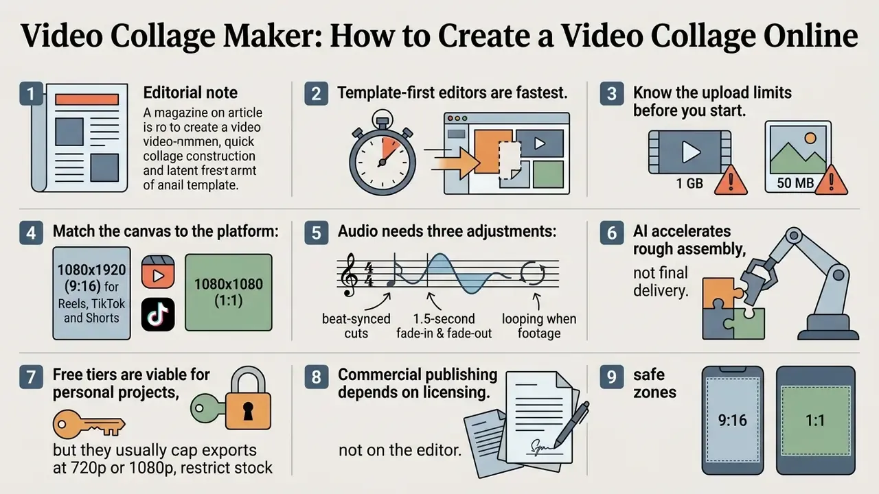 Infographic showing nine numbered steps for creating a video collage with icons and brief descriptions