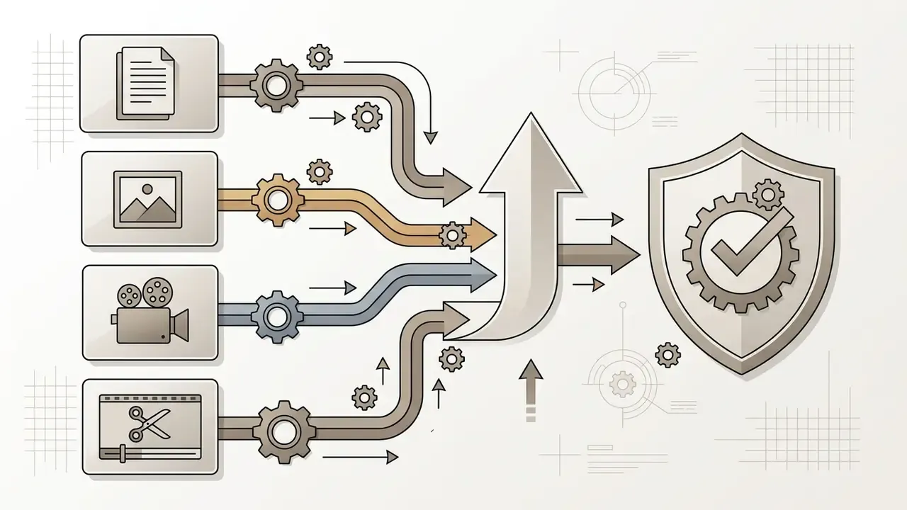 Four distinct media input pipelines merging into a single path protected by a gear-centered shield icon