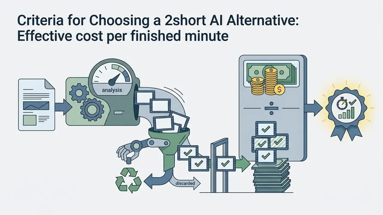 Mechanical process showing video analysis filtering clips to calculate cost per finished minute