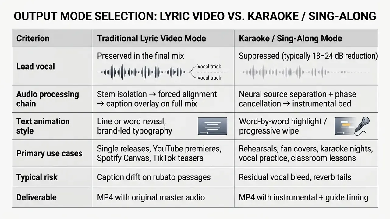 Comparison table detailing differences between traditional lyric video and karaoke output modes