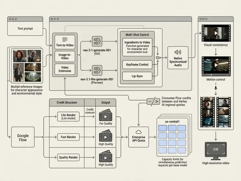 Technical overview of Google Veo 3.1 model variants, multi-shot control features, and credit-based rendering