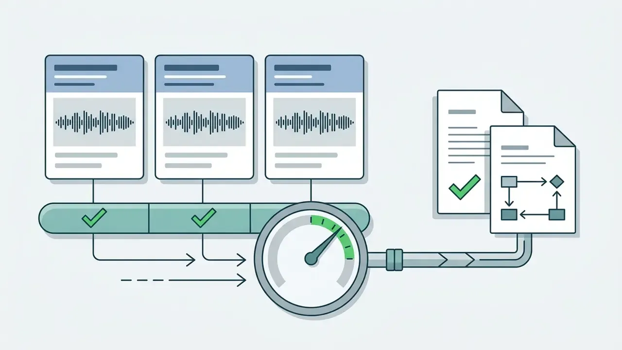 Audio waveform files passing through a verification bar and loudness gauge to generate output documents