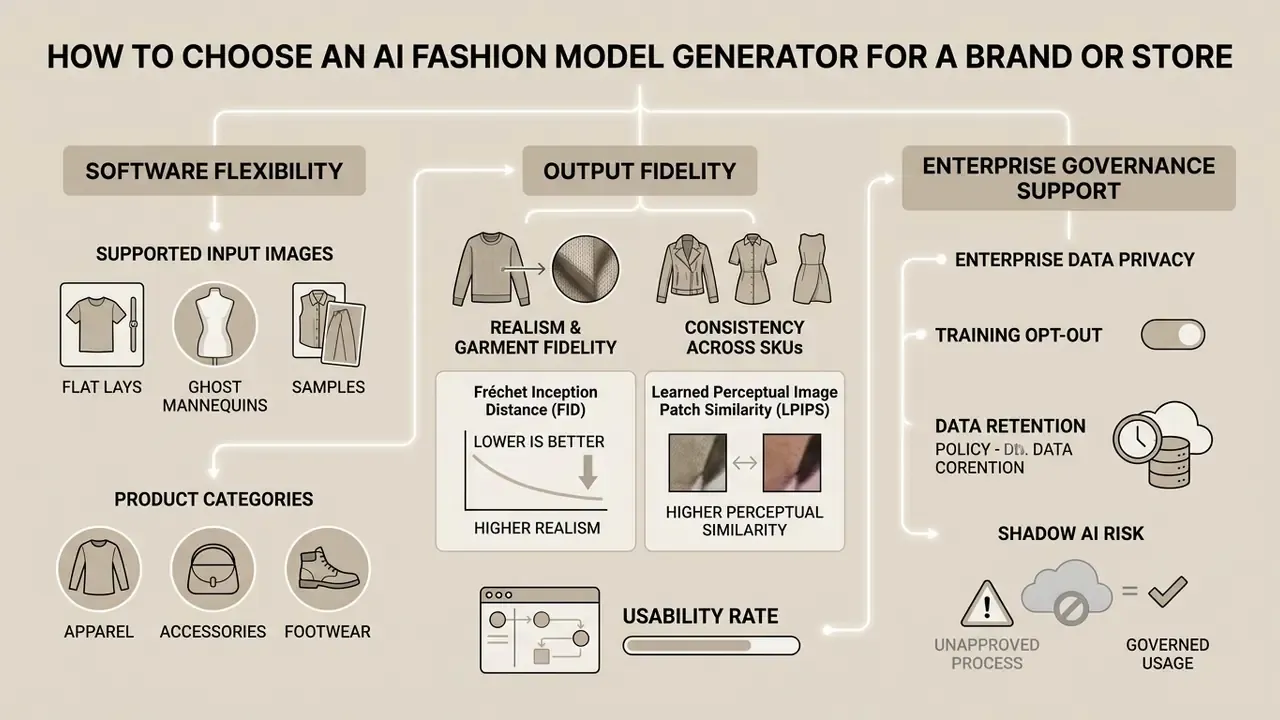 Flowchart outlining criteria for selecting AI fashion tools including flexibility, fidelity, and governance