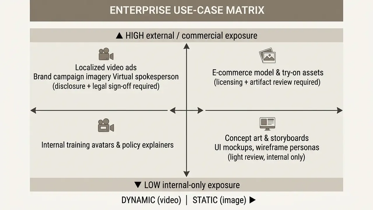 Matrix chart mapping enterprise use cases for synthetic media by exposure level and content format