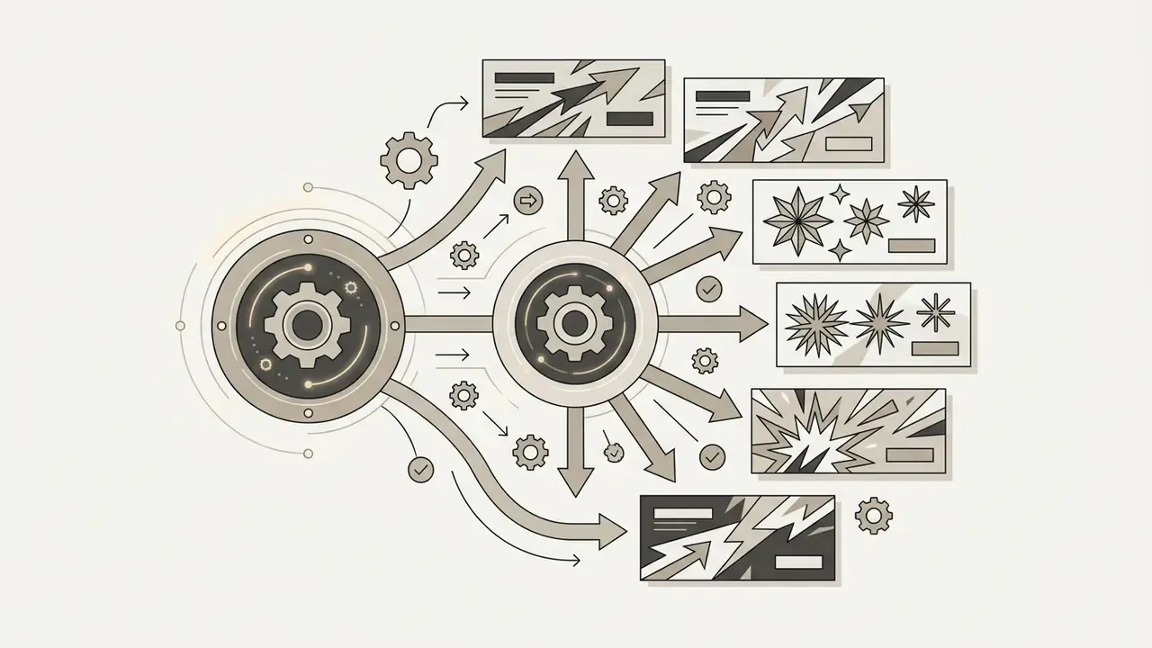 Central gears processing data into multiple varied banner ad designs with arrows and checkmark icons