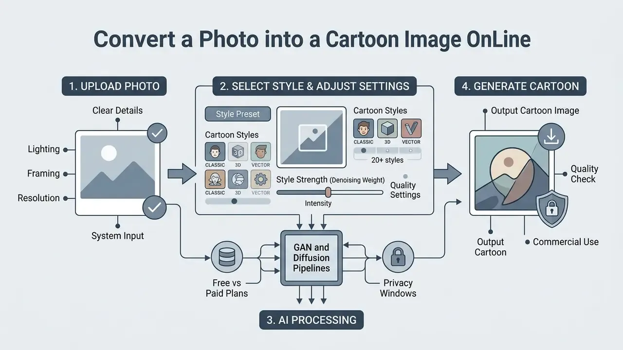 Step-by-step workflow showing photo upload, style selection, AI processing, and final output generation